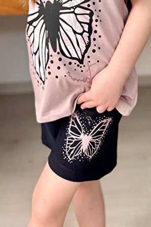 Kız Çocuk Kara Kalem Kelebek Baskılı Penye Pudra T-Shirt Şortlu Takım