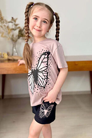 Kız Çocuk Kara Kalem Kelebek Baskılı Penye Pudra T-Shirt Şortlu Takım