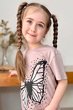 Kız Çocuk Kara Kalem Kelebek Baskılı Penye Pudra T-Shirt Şortlu Takım