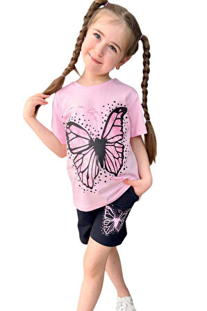Kız Çocuk Kara Kalem Kelebek Baskılı Penye Pembe T-Shirt Şortlu Takım