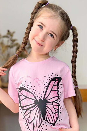 Kız Çocuk Kara Kalem Kelebek Baskılı Penye Pembe T-Shirt Şortlu Takım