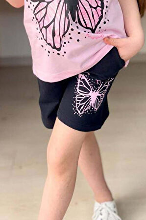 Kız Çocuk Kara Kalem Kelebek Baskılı Penye Pembe T-Shirt Şortlu Takım