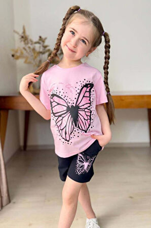 Kız Çocuk Kara Kalem Kelebek Baskılı Penye Pembe T-Shirt Şortlu Takım
