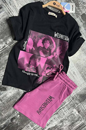 Kız Çocuk Wednesday Baskı Figürlü ve Yazı Baskılı Penye T-Shirt Mor Şortlu Takım