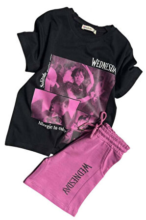 Kız Çocuk Wednesday Baskı Figürlü ve Yazı Baskılı Penye T-Shirt Mor Şortlu Takım