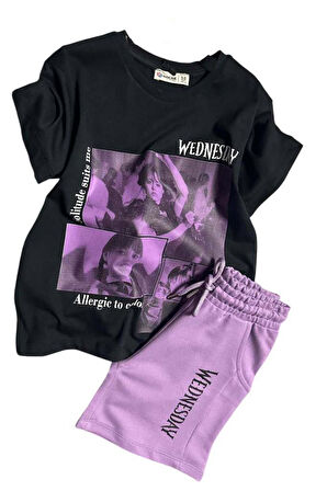 Kız Çocuk Wednesday Baskı Figürlü ve Yazı Baskılı Penye T-Shirt Lila Şortlu Takım
