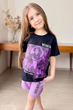 Kız Çocuk Wednesday Baskı Figürlü ve Yazı Baskılı Penye T-Shirt Lila Şortlu Takım