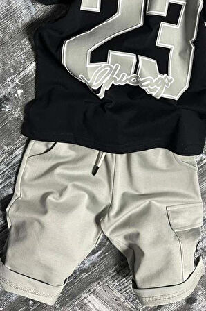 Erkek Çocuk Üzeri Sayı Baskılı Penye T-Shirt Kargo Cepli Şortlu Takım