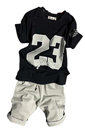 Erkek Çocuk Üzeri Sayı Baskılı Penye T-Shirt Kargo Cepli Şortlu Takım
