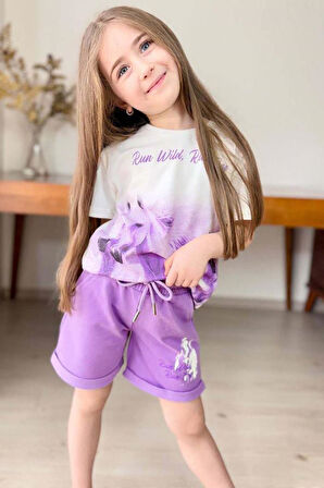 Kız Çocuk Üzeri Digital At ve Yazı Baskılı Lila Şortlu Takım