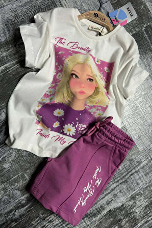 Kız Çocuk Papatya Ve The Beauty Yazı Baskılı Penye T-Shirt Mor Şortlu Takım