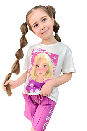 Kız Çocuk Papatya Ve The Beauty Yazı Baskılı Penye T-Shirt Mor Şortlu Takım