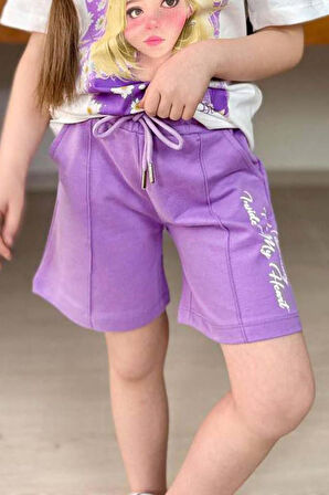 Kız Çocuk Papatya Ve The Beauty Yazı Baskılı Penye T-Shirt Lila Şortlu Takım