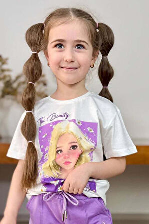 Kız Çocuk Papatya Ve The Beauty Yazı Baskılı Penye T-Shirt Lila Şortlu Takım