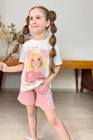 Kız Çocuk Papatya Ve The Beauty Yazı Baskılı Penye T-Shirt Pudra Şortlu Takım