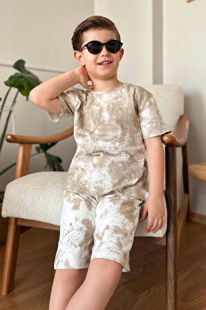 Erkek Çocuk New York Yazı Baskı ve Batık Desenli Penye T-Shirt Kahverengi Şortlu Takım