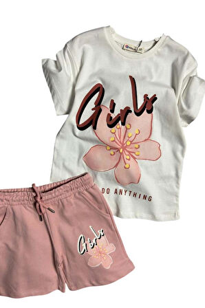 Kız Çocuk Çiçek Ve Girl Yazı Baskılı Penye T-Shirt Pudra Şortlu Takım