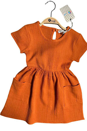 Kız Çocuk Çift Cepli Salaş Kesim Kolsuz Kiremit Müslin Elbise