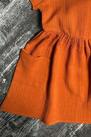 Kız Çocuk Çift Cepli Salaş Kesim Kolsuz Kiremit Müslin Elbise