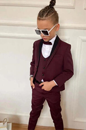 Erkek Çocuk Yakası Şerit Detaylı Cepken Yelekli Blazer Ceketli Bordo Takım Elbise