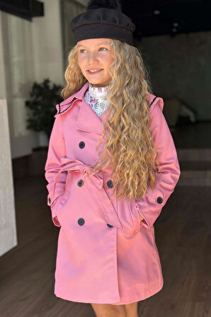 Kız Çocuk Üzeri Dantel İşlemeli Elbise Çift Cep Detaylı Kemerli Pembe Trençkot