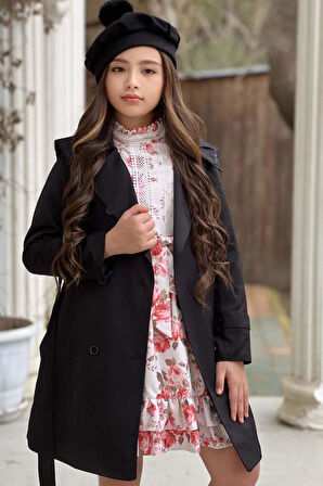 Kız Çocuk Üzeri Dantel İşlemeli Elbise Çift Cep Detaylı Kemerli Siyah Trençkot