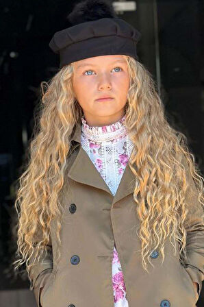 Kız Çocuk Üzeri Dantel İşlemeli Elbise Çift Cep Detaylı Kemerli Yeşil Trençkot