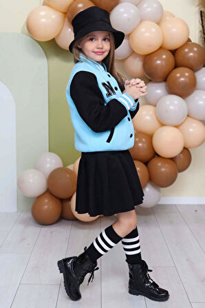 Kız Çocuk Düğme Detaylı Pamuklu Mavi Kolej Ceket Kadife Etekli Takım