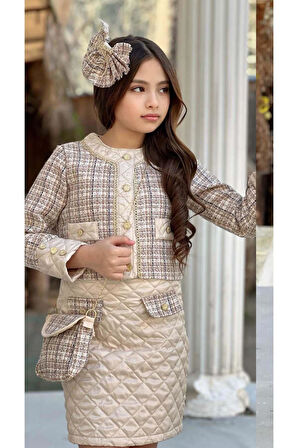 Kız Çocuk Gold Şerit ve Kapitone Detaylı Şanel Kumaş Bej Etekli Takım