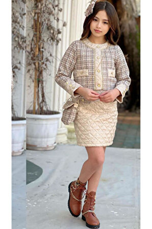 Kız Çocuk Gold Şerit ve Kapitone Detaylı Şanel Kumaş Bej Etekli Takım