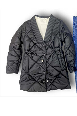 Kız Çocuk Yakası Şerit ve Üzeri Kare Dikiş Detaylı Cepli Çıtçıt Düğme Şişme Siyah Mont