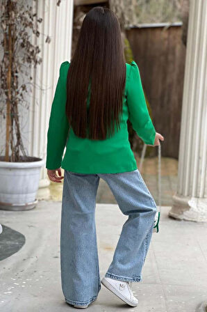 Kız Çocuk Baskılı T-shirt Bol Kesim Yıldız Detaylı Jean Pantolon Yeşil Blazer Ceket Alt Üst Takım