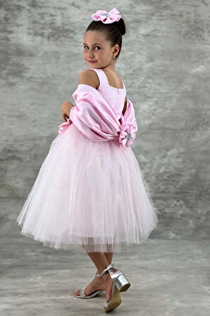 Kız Çocuk Kare Yaka Sıfır Kol Eteği Tüllü Kabarık Saten Kolluk Detaylı Pembe Abiye