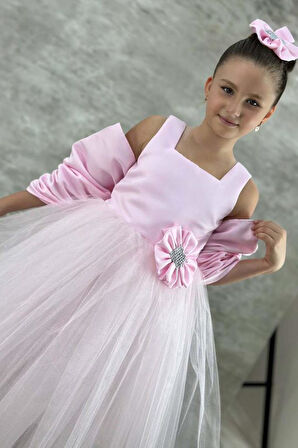 Kız Çocuk Kare Yaka Sıfır Kol Eteği Tüllü Kabarık Saten Kolluk Detaylı Pembe Abiye