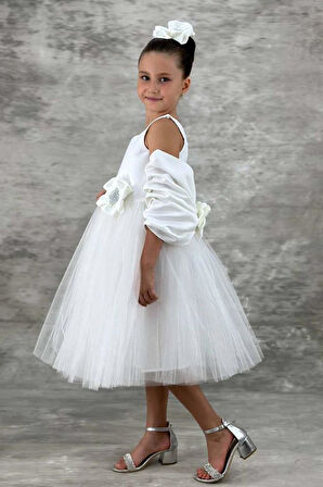 Kız Çocuk Kare Yaka Sıfır Kol Eteği Tüllü Kabarık Saten Kolluk Detaylı Beyaz Abiye