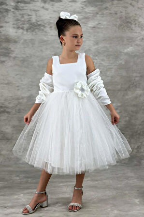 Kız Çocuk Kare Yaka Sıfır Kol Eteği Tüllü Kabarık Saten Kolluk Detaylı Beyaz Abiye