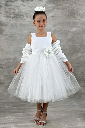 Kız Çocuk Kare Yaka Sıfır Kol Eteği Tüllü Kabarık Saten Kolluk Detaylı Beyaz Abiye