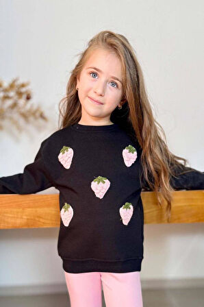 Kız Çocuk Üzeri Çilek Figürlü 3 İplik Kazak Bol Kesim Skuba Kumaş Pembe Alt Üst Takım