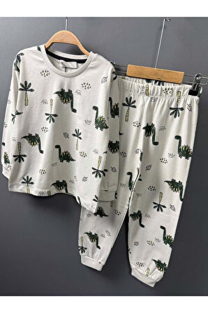 Erkek Çocuk Üzeri Palmiye Ağacı ve Dinazor Baskılı Krem Pijama Takımı