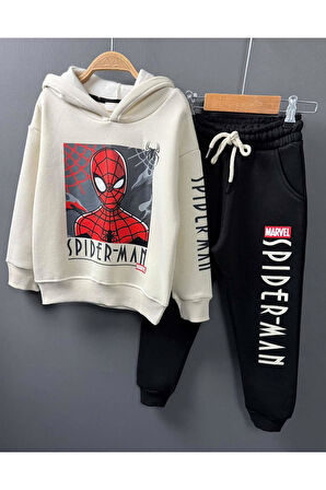 Erkek Çocuk Örümcek Adam Digital Baskılı Kapşonlu Sweat Siyah Eşofman Takım