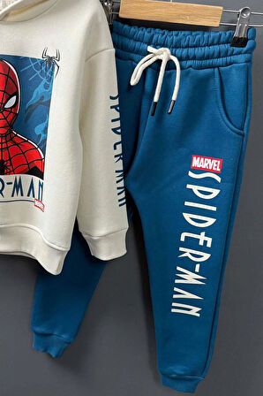Erkek Çocuk Örümcek Adam Digital Baskılı Kapşonlu Sweat Mavi Eşofman Takım