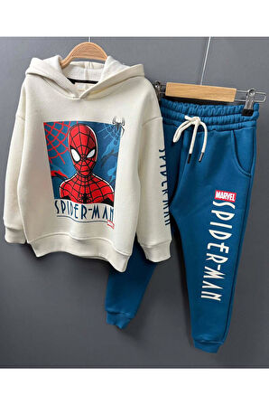 Erkek Çocuk Örümcek Adam Digital Baskılı Kapşonlu Sweat Mavi Eşofman Takım