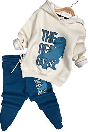 Erkek Çocuk Önü Yazı Ve Dino Baskılı Kapşonlu Sweatshirt 3 İplik Mavi Eşofman Takım