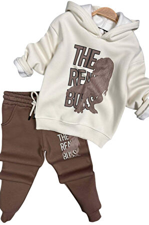 Erkek Çocuk Önü Yazı Ve Dino Baskılı Kapşonlu Sweatshirt 3 İplik Kahverengi Eşofman Takım
