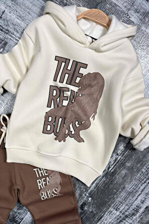 Erkek Çocuk Önü Yazı Ve Dino Baskılı Kapşonlu Sweatshirt 3 İplik Kahverengi Eşofman Takım