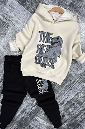 Erkek Çocuk Önü Yazı Ve Dino Baskılı Kapşonlu Sweatshirt 3 İplik Siyah Eşofman Takım
