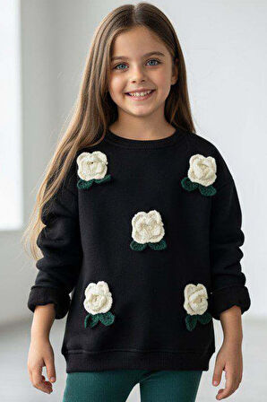 Kız Çocuk Üzeri Gül Figürlü 3 İplik Siyah Kazak Bol Kesim Skuba Kumaş Alt Üst Takım