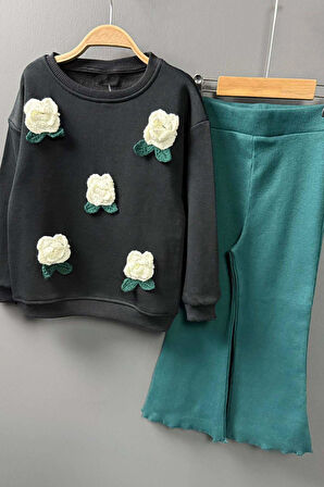 Kız Çocuk Üzeri Gül Figürlü 3 İplik Siyah Kazak Bol Kesim Skuba Kumaş Alt Üst Takım