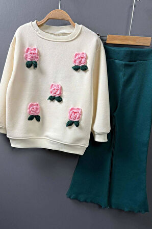 Kız Çocuk Üzeri Gül Figürlü 3 İplik Krem Kazak Bol Kesim Skuba Kumaş Alt Üst Takım