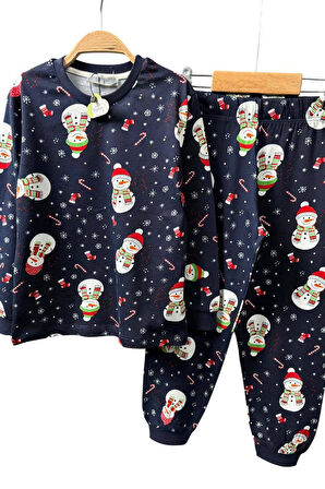 Erkek Çocuk Üzeri Kardan Adam ve Noel Baskılı Lacivert Pijama Takımı
